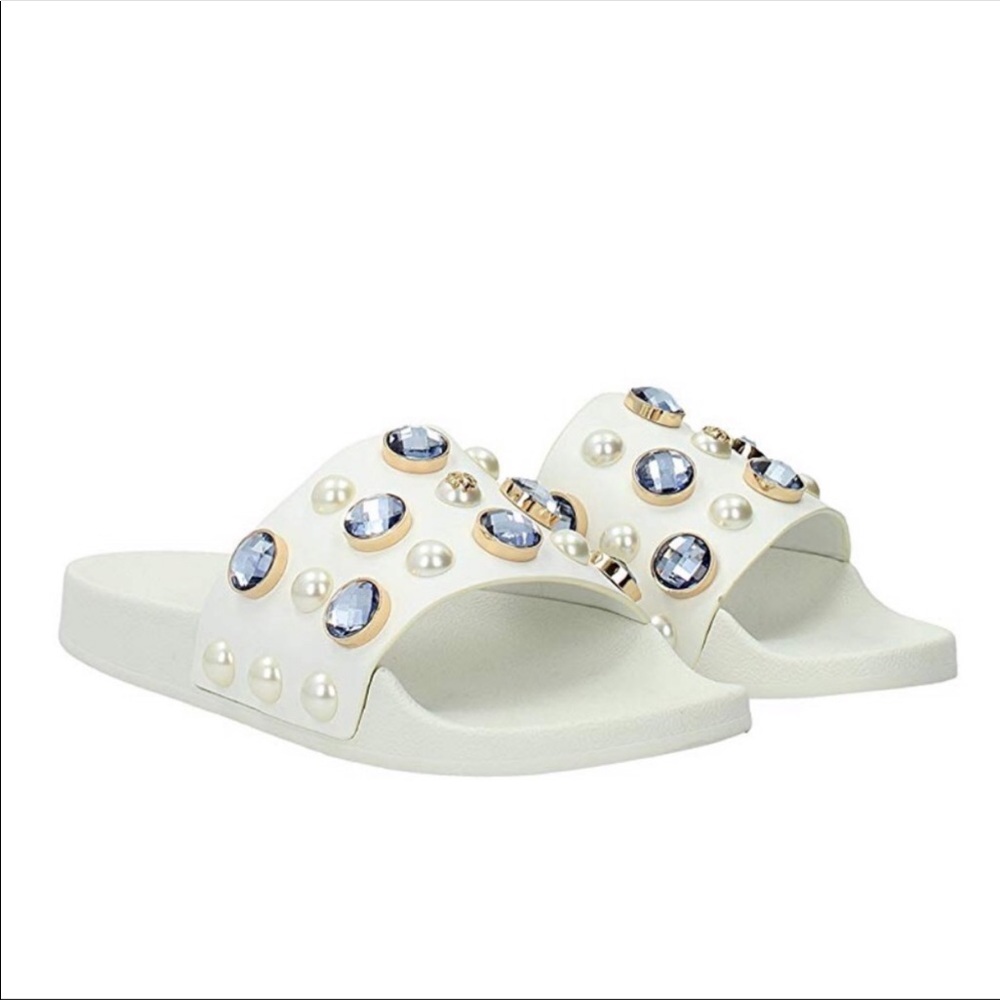 Tory Burch Vail Embellished Jewel Bling Slide Sandal Leather Gold Pearl Sapphire